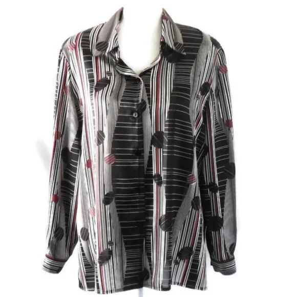 Joan Leslie 14P Black Red & White Long Sleeve Blouse - Picture 4 of 7